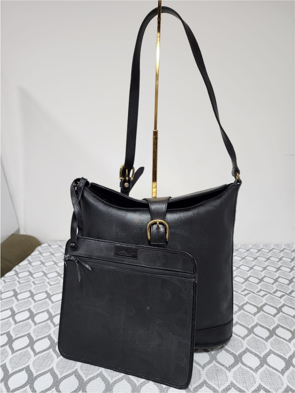 Christian Dior Embossed Trotter Leather Bucket Bag with Pochette